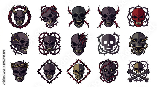 Принти на полотні Collection of stylized skull illustrations with thorny vine borders