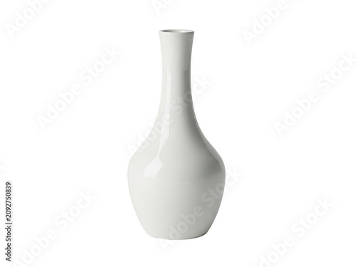 A tall, slender white vase with a narrow neck and a wide base