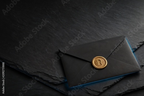 Gold security seal protecting a confidential black envelope