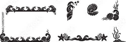Ocean wave and seashell borders and corners.