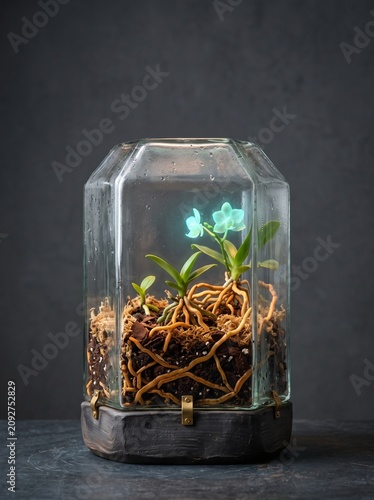 Bioluminescent orchids growing inside a glass startup incubator