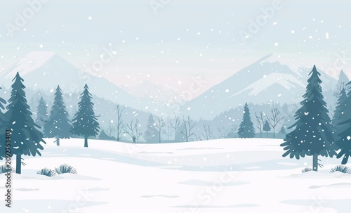 Snowy Winter Landscape Background with Pine Forest and Falling Snow