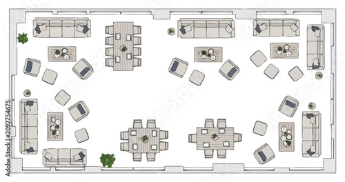 Top Down View of a Spacious Interior Designed Layout Featuring Multiple Seating Arrangements Including Sofas Chairs and Rectangular Tables with Coffee Tables and Plants Creating an Inviting