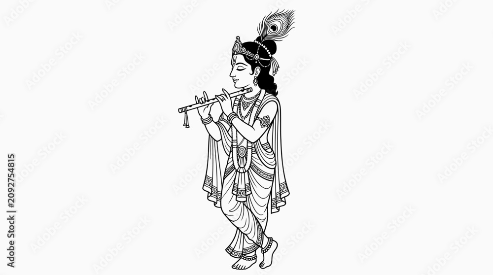 Fototapeta premium Lord Krishna line art playing flute with peacock feather