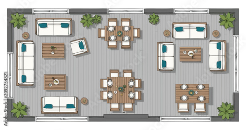 Aerial view of a spacious outdoor living area furnished with comfortable seating arrangements dining tables and lush potted plants creating a welcoming ambiance for social gatherings and