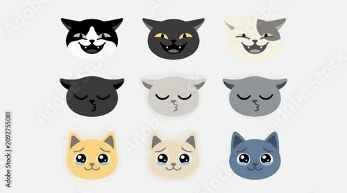 Fotografía Collection of Flat Design Cat Faces with Diverse Expressions: Impish Glee, Kissi