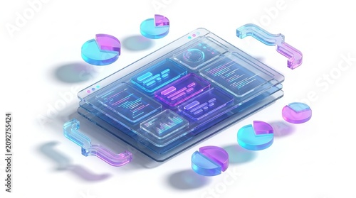 Data Analytics - 3D Glassmorphism Dashboard Interface with Layered Transparent Panels Charts and Glowing Neon UI Elements
