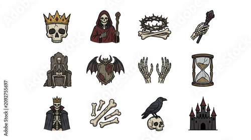 Collection of macabre and gothic themed illustrations and icons.