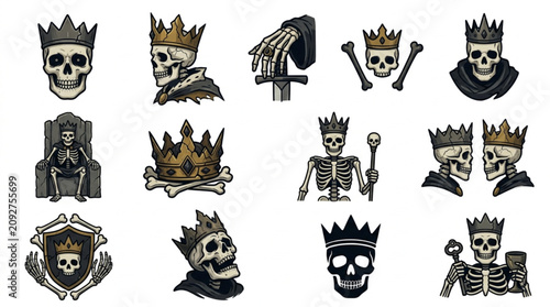 Tablou pe pânză Collection of Skulls and Skeletons with Crowns and Royal Symbols.