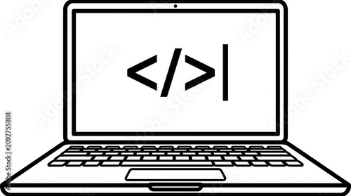 Technology - Laptop Computer Screen Displaying HTML Code Tag Symbol with Cursor on White Background