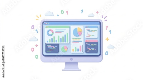 Technology Dashboard 3D Illustration of Data Analytics Charts Graphs and Code on Pastel Computer Monitor