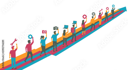 Diverse people holding technology and tools walking up a rising arrow graph representing progress and teamwork
