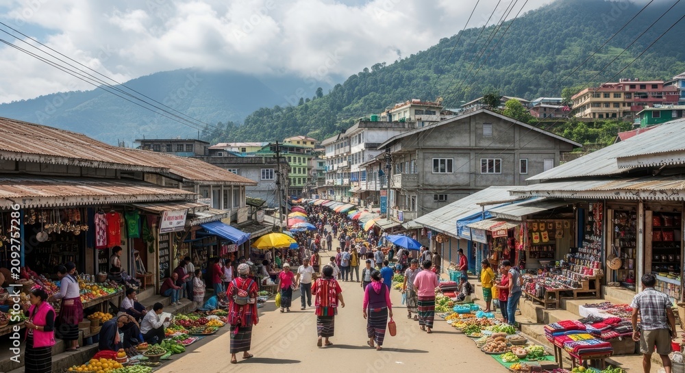 Fototapeta premium Bustling Mountain Town Market Scene with Shoppers and Stalls.