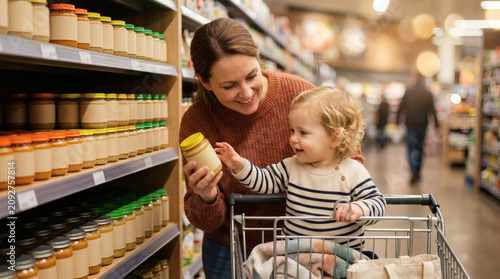 Mother and child shopping for baby food jars in a supermarket aisle