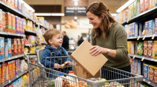Mother and child happily shopping for groceries in a supermarket aisle