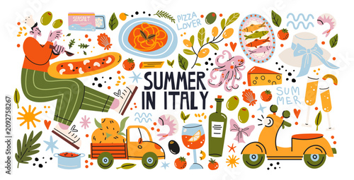 Italian food and culture stickers set in retro cartoon style.La dolce vita elements: pizza, pasta, wine, tomato. Illustration in funky, doodle style, trendy Amalfi coast labels set.
