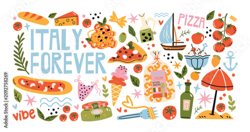 Italian food and culture stickers set in retro cartoon style.La dolce vita elements: pizza, pasta, wine, tomato. Illustration in funky, doodle style, trendy Amalfi coast labels set.