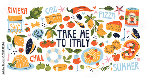 Italian food and culture stickers set in retro cartoon style.La dolce vita elements: pizza, pasta, wine, tomato. Illustration in funky, doodle style, trendy Amalfi coast labels set.