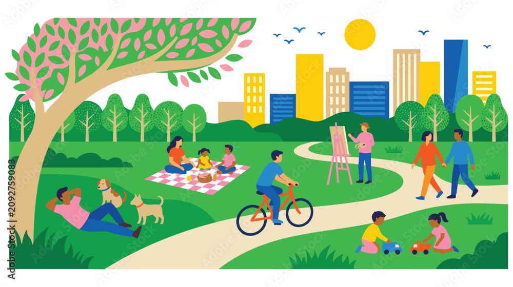 Fototapeta premium People enjoying activities in a vibrant city park on a sunny day.