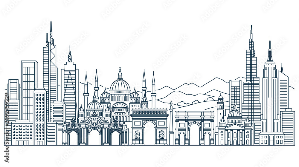 Fototapeta premium Famous world city skyline with historical monuments and skyscrapers line art illustration.