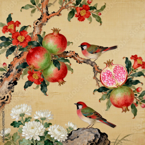 Traditional Chinese Gongbi Silk Painting, Pomegranate Branch with Split Juicy Fruits, Red Blossoms, White Chrysanthemums and Two Colorful Red-headed Birds on Vintage Beige Silk Background