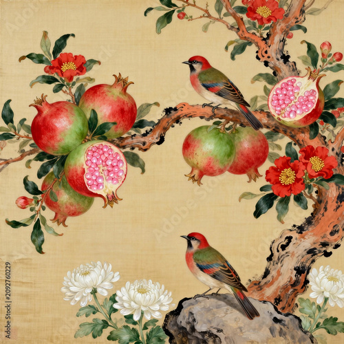 Traditional Chinese Gongbi Silk Painting, Pomegranate Branch with Split Juicy Fruits, Red Blossoms, White Chrysanthemums and Two Colorful Red-headed Birds on Vintage Beige Silk Background