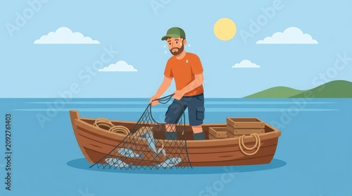 A fisherman in a small boat, hauling in a net full of fish under a sunny sky. The sea is calm, with distant hills under fluffy clouds.
