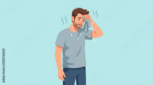 Sweating man wiping forehead with a cloth, feeling hot and tired, illustration