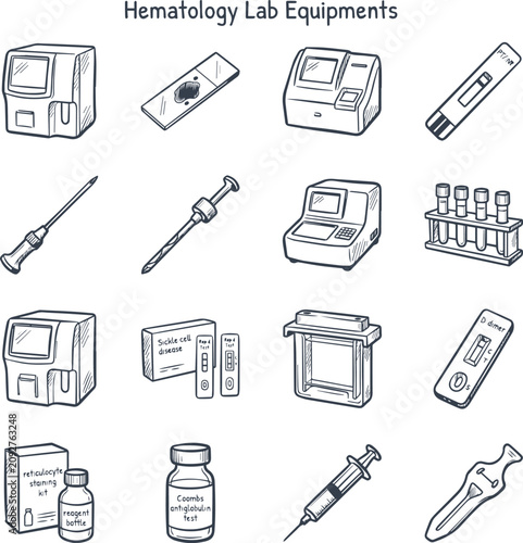 фотографія Hospital hematology lab equipments vector icon set, blood analysis laboratory to