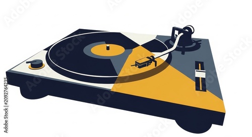 Music - Retro Vinyl Record Player Turntable Flat Design Illustration in Navy Blue and Yellow