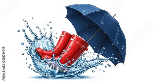 Weather - Red Rain Boots Splashing in Puddle with Open Navy Blue Umbrella and Water Droplets on White Background