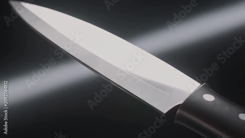 Sharp kitchen knife with black handle against dark background