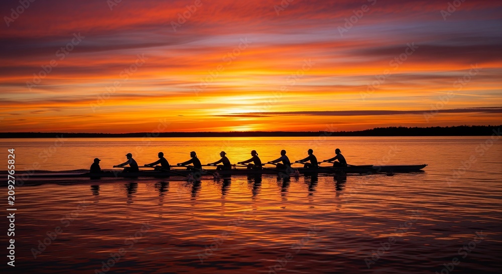 Obraz premium Silhouette of a rowing team at sunrise