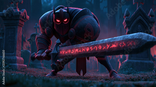 dark fantasy knight with glowing runic sword in haunted cemetery