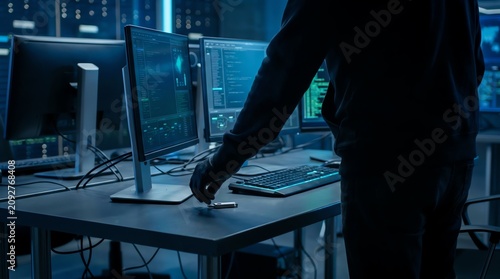 Professional cyber security analyst connecting hardware encryption key in dark server room office