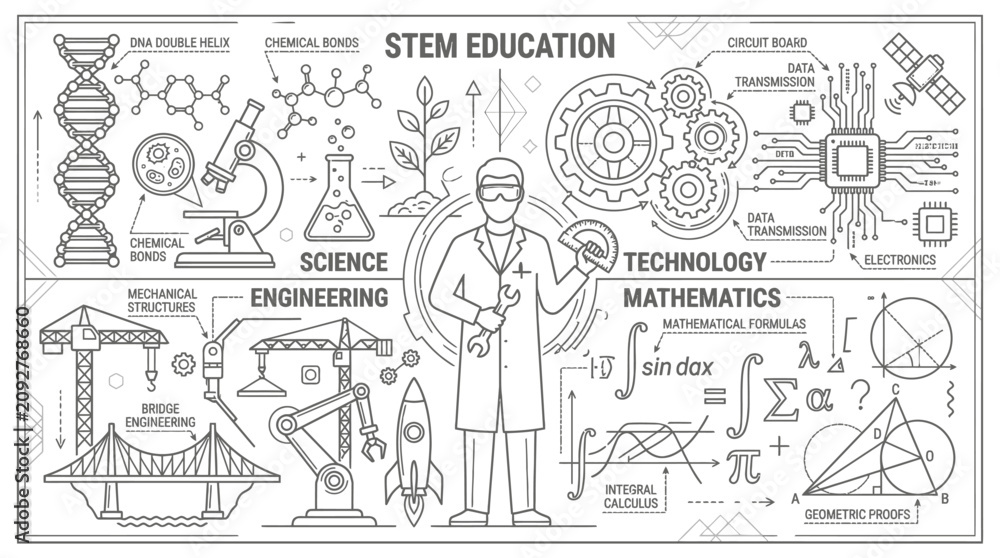 Obraz premium Dynamic STEM Education Infographic Featuring Black and White Illustrations of Science Technology Engineering and Mathematics Concepts