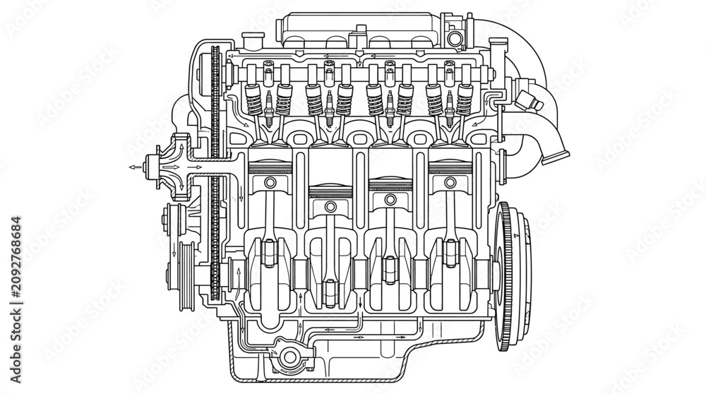 Obraz premium Elegant Cross Sectional Diagram of an Internal Combustion Engine with Pistons Crankshaft and Valvetrain