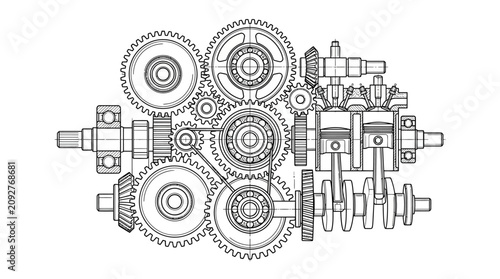 Bild auf Leinwand Elegant Monochromatic Technical of Interlocking Gears and Engine Crankshaft Mech