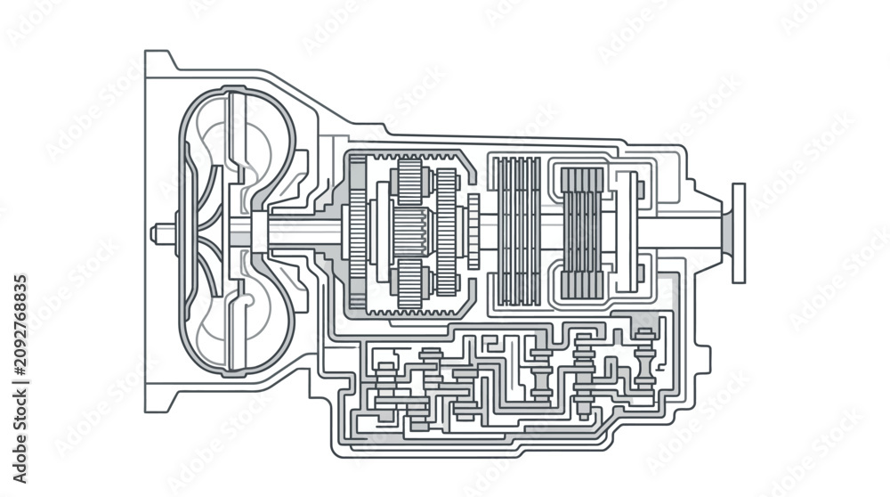 Obraz premium Sleek Black and White Line Drawing of a Detailed Mechanical Gearbox and Circuit Board Assembly with high quality professional line art symbols for modern creative design and digital branding projects