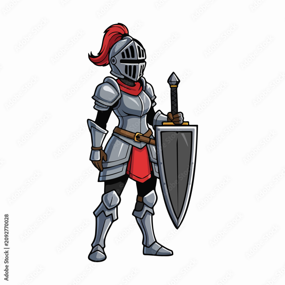 Fototapeta premium Medieval knight in silver plate armor, full body shot standing with large shield, digital cartoon illustration, flat studio lighting, white background.