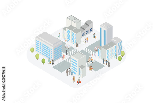 Isometric city vector illustration with diverse people, cars, and modern buildings. Concept of lively urban landscape, sustainable community, and daily life.