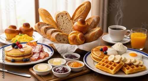 Delicious Breakfast Spread with Fresh Bread and Pastries.