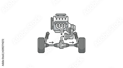 Clean Black and White Line Drawing of Car Engine Connected to Front Wheel Drive Axle and Wheels