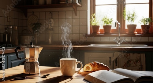 Cozy morning coffee and book by the window.