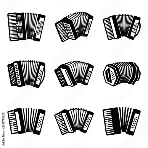 A collection of nine black and white vector icons representing various styles of accordions and concertinas, showcasing different bellows designs.