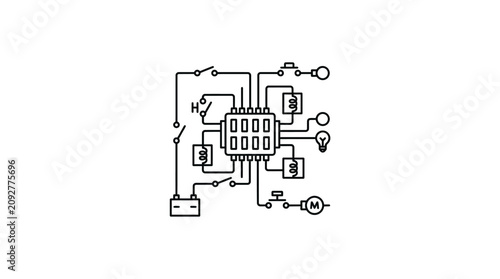 Foto Industrial Black and White Line Drawing Circuit Diagram with Microchip Battery S