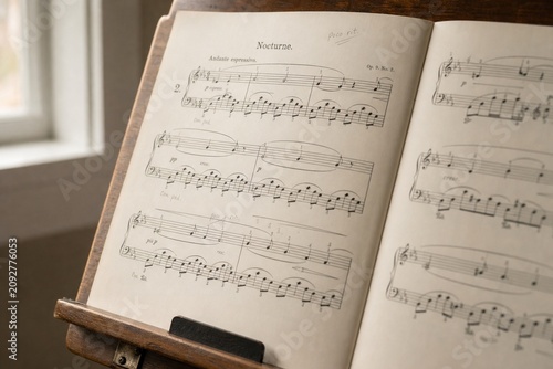 Close-up of classical sheet music with pencil annotations on a wooden stand.