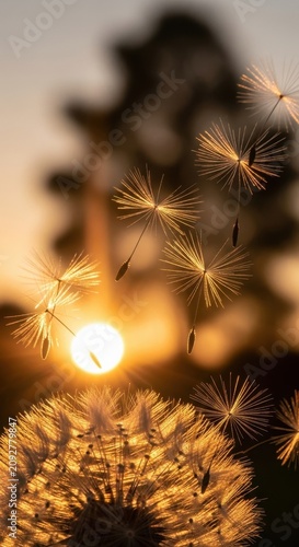Dandelion seeds glowing in warm golden sunset light.