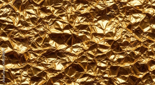 Crinkled golden foil texture background close up view.