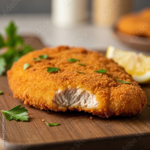 Crispy Breaded Chicken Cutlet with Lemon and Parsley.
